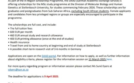 DAAD IN-REGION MSC SCHOLARSHIPS AT STELLENBOSCH UNIVERSITY