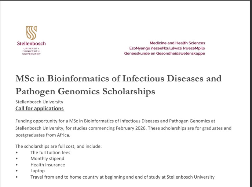 MSc in Bioinformatics of Infectious Diseases and Pathogen Genomics – Scholarships at Stellenbosch University (2026 Intake)