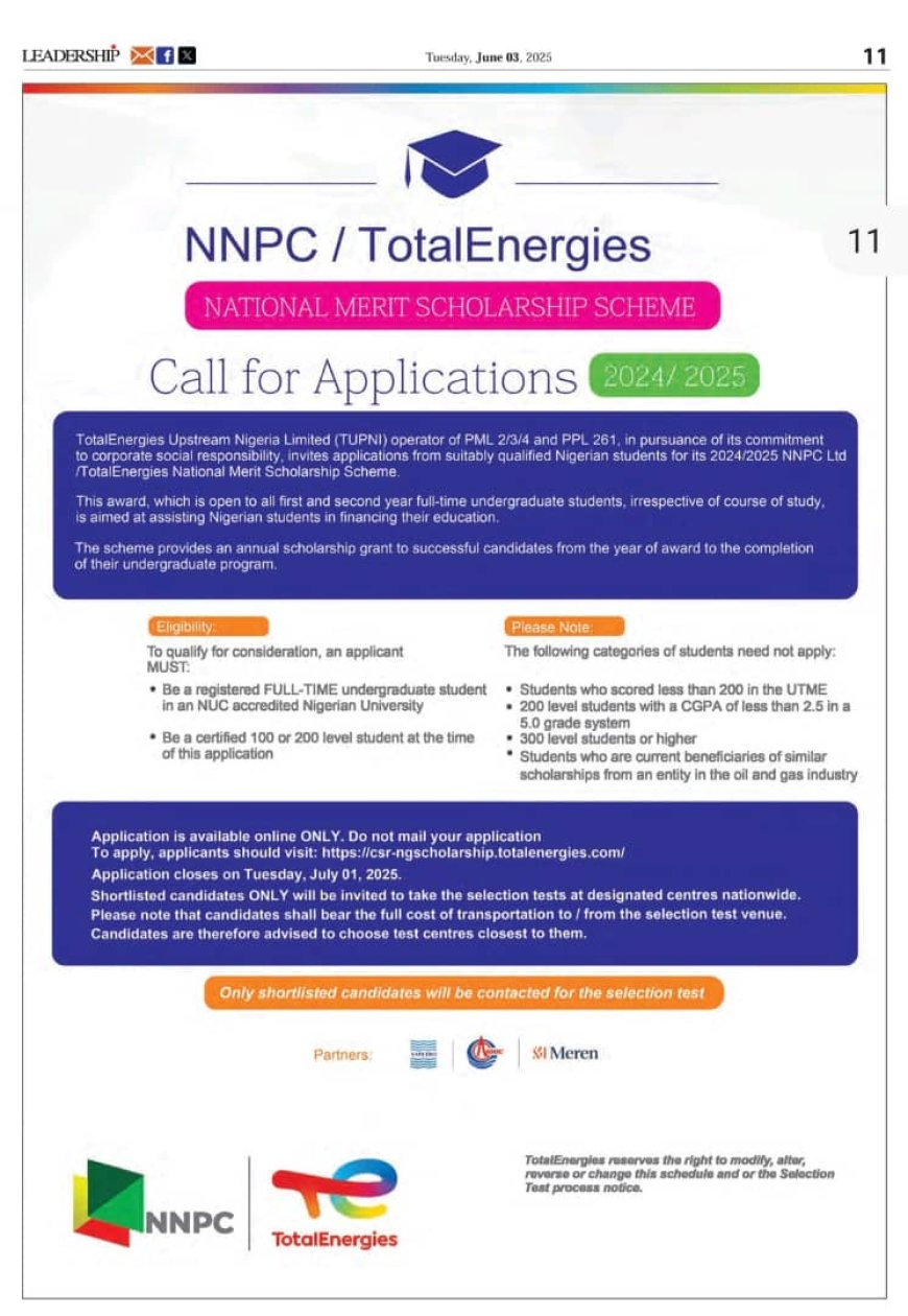 NNPC / TotalEnergies National Merit Scholarship Scheme 2024/2025 – Call for Applications
