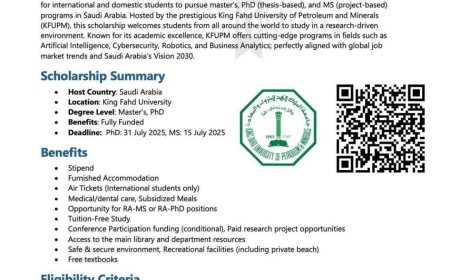 King Fahd University Scholarship 2026 – Fully Funded Master’s & PhD Programs in Saudi Arabia