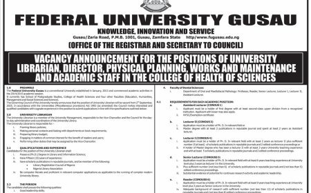 Federal University Gusau – 2025/2026 Vacancy Announcement for University Librarian, Director, and Academic Staff