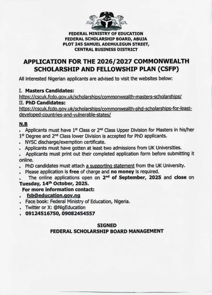 Apply Now: 2026/2027 Commonwealth Scholarship and Fellowship Plan (CSFP)