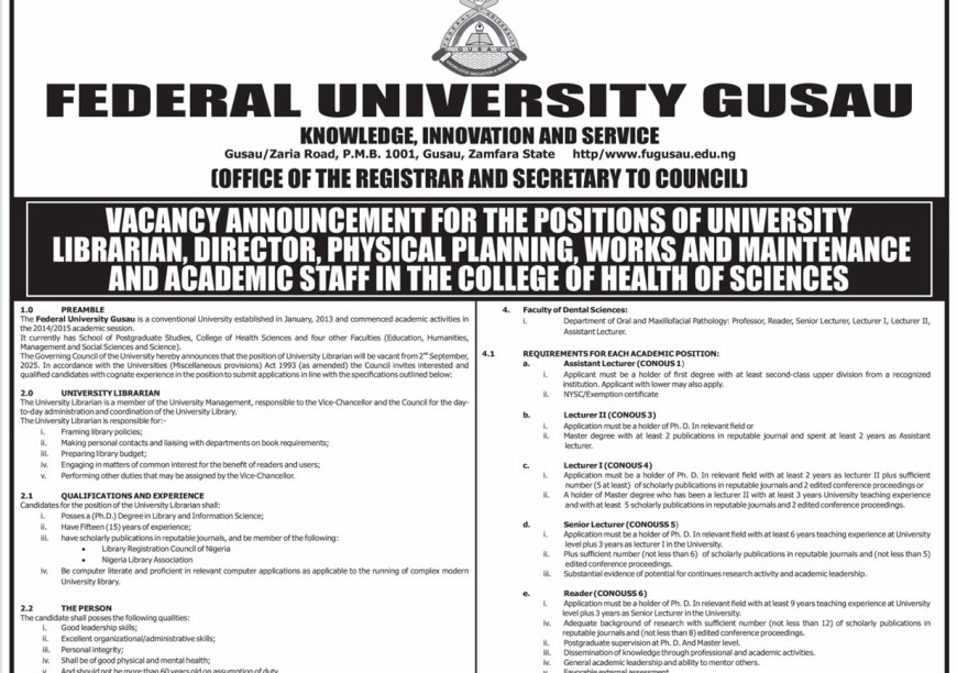 Federal University Gusau – 2025/2026 Vacancy Announcement for University Librarian, Director, and Academic Staff