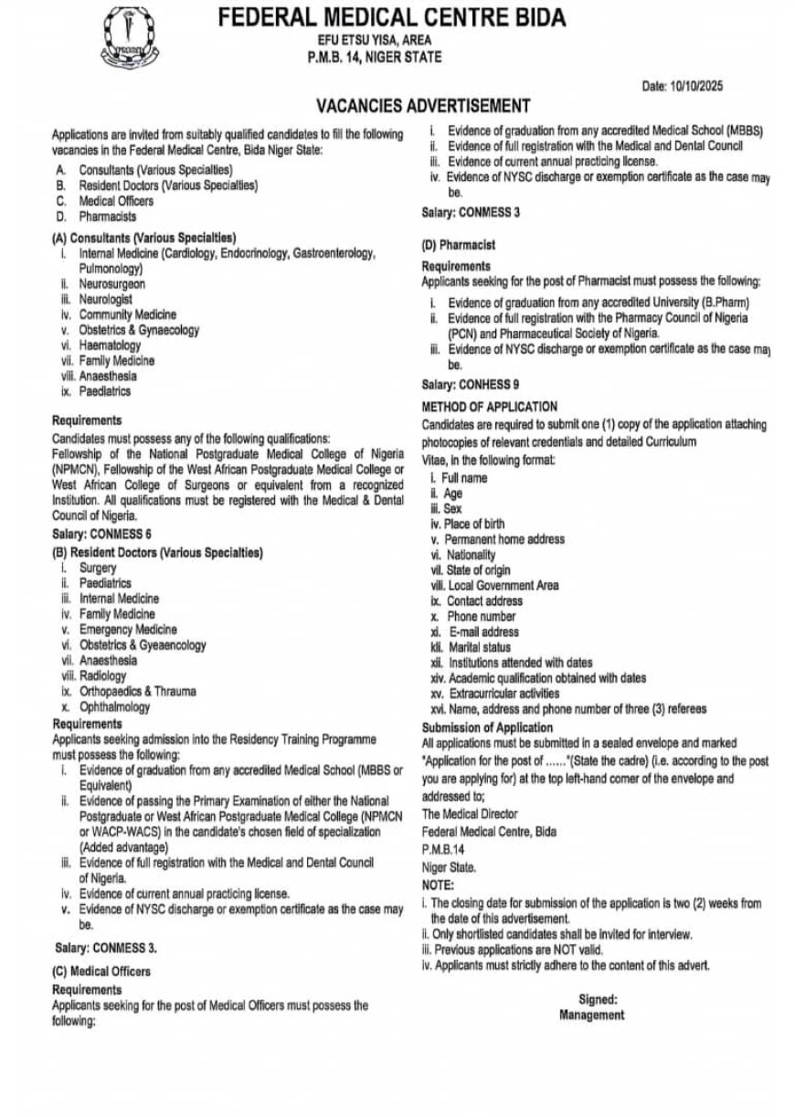 Federal Medical Centre Bida, Niger State – Vacancies for Consultants, Resident Doctors, Medical Officers, and Pharmacists (October 2025)
