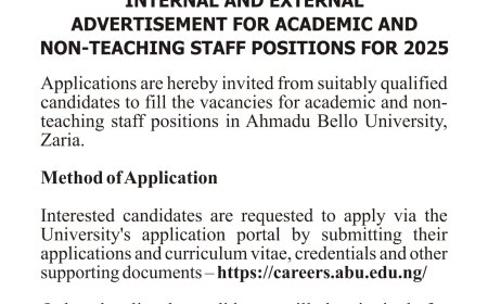 Academic and Non-Teaching Staff Positions for 2025 – Ahmadu Bello University, Zaria