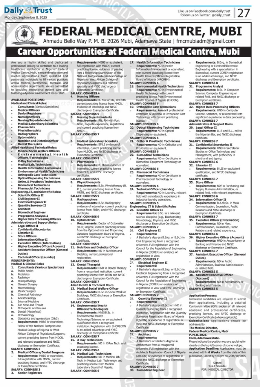 Federal Medical Centre (FMC) Mubi – Nationwide Recruitment 2025