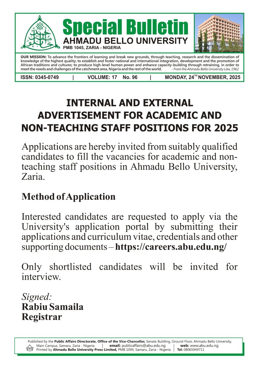 Academic and Non-Teaching Staff Positions for 2025 – Ahmadu Bello University, Zaria