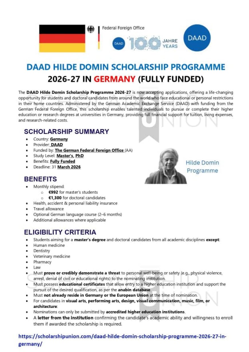 DAAD Hilde Domin Scholarship Programme 2026-27 — Fully-Funded Opportunity for Students & PhD Candidates at Risk