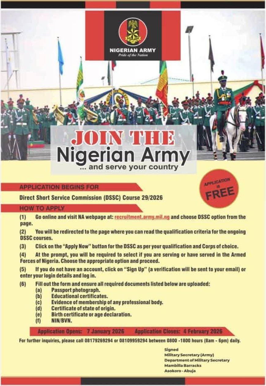 Nigerian Army Direct Short Service Commission (DSSC) Course 29/2026 — Applications Open