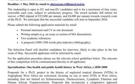Fully Funded PhD Studentship in One Health & Public Health History in West Africa (University College Dublin) – 2026