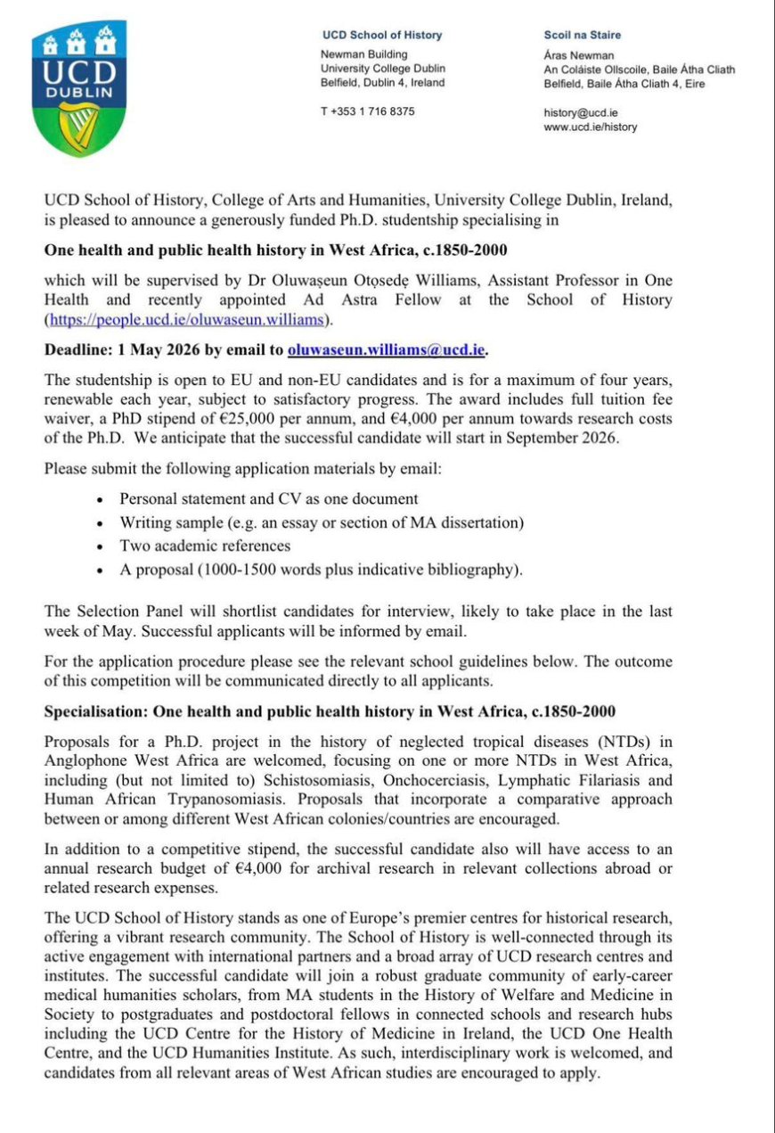 Fully Funded PhD Studentship in One Health & Public Health History in West Africa (University College Dublin) – 2026
