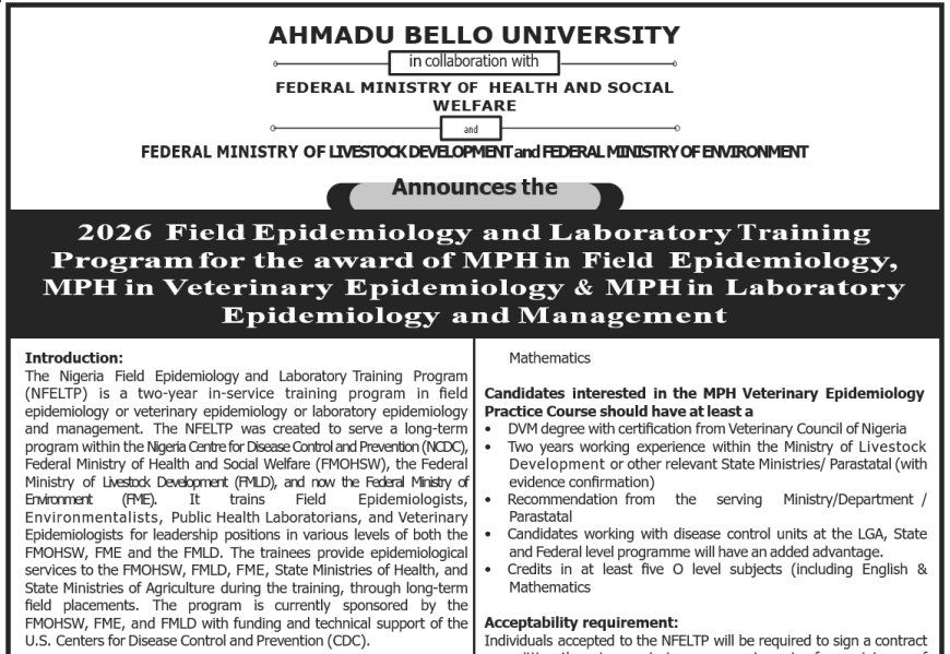 Ahmadu Bello University NFELTP 2026 – MPH in Field Epidemiology, Veterinary Epidemiology & Laboratory Epidemiology